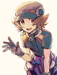  1boy :d brown_hair flipped_hair gloves hand_up hat highres hilbert_(pokemon) hilbert_(sygna_suit)_(pokemon) katahara_(no_108105) looking_at_viewer male_focus official_alternate_costume open_mouth pokemon pokemon_(game) pokemon_masters_ex purple_gloves purple_headwear short_hair short_sleeves simple_background smile solo white_background yellow_eyes zipper 