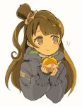  1girl brown_eyes brown_hair burger closed_mouth food hair_ornament long_hair love_live! love_live!_school_idol_project minami_kotori mota one_side_up simple_background solo 