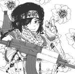  1girl arabic_text assault_rifle chainsaw_man cigarette eyepatch flower gloves gun headband himeno_(chainsaw_man) holding holding_gun holding_weapon isis_(terrorist_group) meme monochrome rifle simple_background smile solo upper_body uziteas weapon white_background 