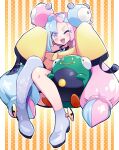 1girl bellibolt bow-shaped_hair character_hair_ornament grey_pantyhose hair_ornament hexagon_print highres iono_(pokemon) jacket long_hair low-tied_long_hair multicolored_hair oversized_clothes pantyhose pokemon pokemon_(game) pokemon_sv sharp_teeth single_leg_pantyhose sleeves_past_fingers sleeves_past_wrists split-color_hair teeth twintails usoco very_long_sleeves x yellow_jacket
