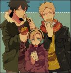  1girl 2boys annie_leonhardt bertolt_hoover black_hair blonde_hair blue_eyes burger contemporary cup eating fast_food food french_fries mcdonald&#039;s multiple_boys open_mouth reiner_braun shingeki_no_kyojin shitoo smile 