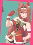  1girl animal_ears armband artist_name bangs bare_shoulders breasts brown_hair capelet commentary_request daiwa_scarlet_(scarlet_nuit_etoile)_(umamusume) daiwa_scarlet_(umamusume) dress ear_covers fang fur-trimmed_capelet fur-trimmed_dress fur-trimmed_gloves fur_trim furrowed_brow gloves green_background hair_between_eyes hair_intakes hand_on_hip highres holding horse_ears horse_girl illuminate_the_heart_(umamusume) long_hair mukakin official_alternate_costume official_alternate_hairstyle open_mouth pink_background red_gloves santa_dress short_dress sideboob single_ear_cover sleeveless sleeveless_dress tiara umamusume very_long_hair violet_eyes 
