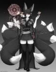  1girl animal_ears bangs breasts fox_ears fox_tail full_body gradient gradient_background greyscale hair_between_eyes highres holding holding_smoking_pipe japanese_clothes kimono kiseru large_breasts long_hair looking_at_viewer magic_circle meolucky147 monochrome multiple_tails obi original red_eyes sash smoke smoking_pipe solo spot_color standing tail thigh-highs wide_sleeves 