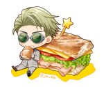  1boy alternate_eye_color blonde_hair blue_eyes blue_shirt bread cheese chibi eating food food_on_face formal full_body goggles grey_jacket grey_pants grey_suit holding holding_food jacket jin_akhr jujutsu_kaisen lettuce long_sleeves looking_at_viewer male_focus meat nanami_kento necktie pants sandwich shirt short_hair sitting solo suit tomato 