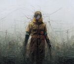  1other body_horror clouds cloudy_sky creature hiropon_(kohei_hirose) horror_(theme) jacket original outdoors power_lines roots sky transmission_tower utility_pole yellow_headwear yellow_jacket 
