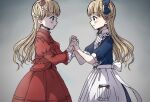2girls apron blonde_hair blue_bow blue_dress blue_eyes blush bow center_frills chuchi closed_mouth commentary dress emilico_(shadows_house) flower frilled_apron frilled_sleeves frills from_side gradient gradient_background grey_background hair_bow hair_flower hair_ornament hair_ribbon highres holding_hands interlocked_fingers juliet_sleeves kate_(shadows_house) long_hair long_sleeves multiple_girls puffy_short_sleeves puffy_sleeves red_dress red_flower red_rose ribbon rose shadows_house short_sleeves smile spoilers twintails two_side_up white_apron white_ribbon