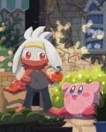  apple blush bush flower food fruit garden happy headband highres kirby kirby&#039;s_dream_land kirby_(series) long_sleeves looking_at_another miclot no_humans open_mouth outdoors pants plant pokemon potted_plant raboot red_eyes scarf sparkle sparkling_eyes tongue vines window 