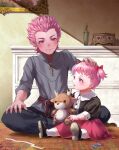  1boy 1girl aged_down black_shirt brother_and_sister crossed_legs fire_emblem fire_emblem:_three_houses fire_emblem_warriors:_three_hopes hair_ribbon headpat highres hilda_valentine_goneril holding holding_stuffed_toy holst_sigiswald_goneril looking_at_another luiana_drawers miran_(olivine_20) on_floor parted_lips pink_eyes pink_hair pink_skirt ribbon shirt short_twintails siblings sitting skirt smile spiky_hair stuffed_animal stuffed_deer stuffed_toy twintails 