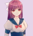  1girl blue_sailor_collar bow brooch closed_mouth collarbone hair_bow highres jewelry long_hair looking_at_viewer neko_(nekomimi1313) original purple_background purple_hair red_bow sailor_collar simple_background smile solo upper_body violet_eyes white_bow 