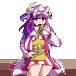  1girl blue_bow bow chips_(food) crescent crescent_hat_ornament eating food hat hat_ornament highres long_hair long_sleeves mob_cap neck_ribbon patchouli_knowledge plump purple_hair red_bow ribbon robe rumielle simple_background sitting touhou very_long_hair violet_eyes 