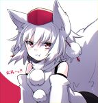  1girl :t animal_ears blush detached_sleeves highres inubashiri_momiji looking_at_viewer pokopoko_ponzu pom_pom_(clothes) pout red_eyes red_headwear shirt slit_pupils solo tail touhou upper_body white_hair white_shirt wolf_ears wolf_tail 