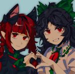  2girls :3 animal_ears bangs black_hair black_shirt braid cat_ears cat_girl chinese_commentary closed_mouth collared_shirt commentary_request frilled_shirt_collar frills grin hailing29396 heart heart_hands heart_hands_duo kaenbyou_rin light_blue_background long_hair long_sleeves multiple_girls red_eyes redhead reiuji_utsuho shirt short_sleeves simple_background smile touhou twin_braids white_shirt 