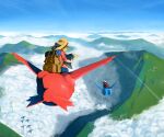  1boy 1girl above_clouds alternate_costume backpack bag blue_pants blue_sky brendan_(pokemon) brown_eyes brown_hair clouds commentary_request day english_commentary flying from_behind full_body hand_up happy hat holding holding_map latias latios looking_back map may_(pokemon) medium_hair mixed-language_commentary mountain mountainous_horizon open_mouth outdoors pants plaid plaid_shirt pokemon pokemon_(creature) pokemon_(game) pokemon_rse red_shirt riding shirt silhouette sitting sky smile taillow uroko_(rwde4544) yellow_headwear 