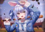  1girl baseball_bat blue_hair blue_ribbon blurry blurry_background breast_pocket carrot_hair_ornament choker collared_shirt food-themed_hair_ornament hair_ornament hair_ribbon hairpin highres hololive koromay_ho leaf long_sleeves open_mouth orange_hair outdoors pocket ribbon shirt short_twintails smile solo standing thick_eyebrows twintails upper_body usada_pekora white_shirt wind 