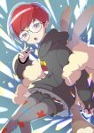  1girl :o backpack bag black-framed_eyewear blue_hair blush brown_bag commentary_request eyelashes glasses grey_eyes grey_pantyhose holding holding_poke_ball hood hood_down hoodie krono_tokage long_sleeves multicolored_hair open_mouth pantyhose penny_(pokemon) poke_ball poke_ball_(basic) poke_ball_print pokemon pokemon_(game) pokemon_sv redhead round_eyewear see-through see-through_skirt shorts shorts_under_skirt skirt solo two-tone_hair 