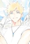  1boy blonde_hair blue_eyes clouds cloudy_sky facial_mark highres jewelry kiya looking_up male_focus naruto_(series) necklace outdoors parted_lips shirt short_hair short_sleeves sky smile solo spiky_hair teeth upper_body uzumaki_naruto whisker_markings white_shirt 