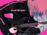 1girl absurdres black_jacket bocchi_the_rock! copyright_name cowboy_shot cube_hair_ornament electric_guitar gotou_hitori guitar hair_ornament highres holding holding_instrument holding_plectrum instrument jacket leaning_forward limited_palette long_hair long_sleeves music oshiri_seijin pink_background pink_hair playing_instrument plectrum simple_background solo track_jacket 