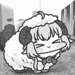  &gt;_&lt; 1girl 2others :&gt; ahoge closed_eyes commentary_request full_body greyscale hololive horns jazz_jack lowres monochrome multiple_others photo-referenced sheep sheep_girl sheep_horns smile solo_focus tsunomaki_watame virtual_youtuber 