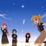  4girls absurdres bangs black_shirt black_skirt blonde_hair blue_eyes blue_hair bocchi_the_rock! bow cube_hair_ornament gotou_hitori green_eyes grey_pants hair_between_eyes hair_ornament highres ijichi_nijika kita_ikuyo long_hair looking_at_viewer multiple_girls one_side_up pants pink_hair pleated_skirt redhead saku_pjs shirt side_ponytail sidelocks skirt sky smile star_(sky) white_skirt yamada_ryou 