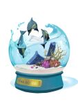  ._. animal_focus black_eyes bubble commentary coral dolphin english_commentary english_text jumping no_humans original pillar ruins simple_background snow_globe splashing starfish uroko_(rwde4544) water white_background 