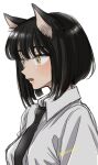  1girl animal_ear_fluff animal_ears bangs black_hair black_necktie breasts cat_ears collared_shirt commentary fang from_side grey_shirt medium_breasts necktie open_mouth original shirt short_hair signature simple_background sketch slit_pupils solo sugano_manami symbol-only_commentary upper_body white_background yellow_eyes 