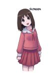  1girl :d arms_at_sides artist_name azumanga_daioh bangs blush breasts brown_eyes brown_hair commentary cowboy_shot cropped_legs curled_fingers extetvictarion head_tilt highres kasuga_ayumu long_sleeves looking_at_viewer medium_hair neck_ribbon open_mouth pink_shirt pleated_skirt red_ribbon red_skirt ribbon romaji_commentary sailor_collar school_uniform shirt simple_background skirt small_breasts smile solo standing staring white_background white_sailor_collar wide-eyed 