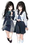  2girls bangs black_hair chitanda_eru dual_persona highres hyouka kamiyama_high_school_uniform_(hyouka) kneehighs long_hair looking_at_another lycoris_uniform mery_(yangmalgage) multiple_girls sailor_collar school_uniform serafuku shirt socks violet_eyes white_shirt white_socks 