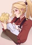  1boy 1girl absurdres apron bangs black_shirt blonde_hair blue_eyes claudia_strife cloud_strife final_fantasy final_fantasy_vii final_fantasy_vii_remake hair_tie highres holding_baby long_hair long_sleeves looking_at_another mother_and_son parted_lips ponytail red_shirt shirt short_hair sidelocks skirtzzz upper_body white_apron 