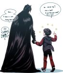  ! !! 2boys adoption batman batman_(series) black_cape black_hair bruce_wayne cape commentary cowl dc_comics english_commentary english_text father_and_son flower from_behind holding_hands jacket jason_todd komru50 male_child male_focus multiple_boys pants red_pants simple_background sparkle speech_bubble white_background 