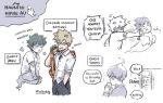  3boys alternate_universe anger_vein artist_name bakugou_katsuki blank_eyes blonde_hair boku_no_hero_academia closed_eyes collared_shirt commentary commentary_request cup door english_commentary english_text ghost green_hair grey_pants hand_in_pocket holding holding_cup holding_strap looking_at_another male_focus midoriya_izuku minibuddy multiple_boys open_mouth orange_bag pants punching shirt short_hair short_sleeves shouting simple_background slamming_door smile speech_bubble spiky_hair standing thai_commentary todoroki_shouto white_background white_shirt 