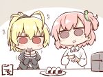  2girls :d :t ahoge andou_tazusa apron artist_name assault_lily bangs black_ribbon blonde_hair blush brown_background chibi closed_mouth clover collared_shirt commentary_request cooking cropped_jacket eating food food_on_face four-leaf_clover gochisousama_(tanin050) hair_between_eyes hair_ribbon hands_up high_ponytail hitotsuyanagi_riri holding holding_food juliet_sleeves kappougi long_sleeves looking_at_viewer motion_lines multiple_girls one_side_up onigiri parted_lips pink_eyes pink_hair plate ponytail puffy_sleeves red_eyes ribbon rice rice_on_face school_uniform shirt short_hair smile solid_circle_eyes table two-tone_background upper_body white_apron white_background white_shirt yurigaoka_girls_academy_school_uniform 