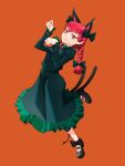  1girl :3 absurdres animal_ears bangs black_bow black_footwear bow braid cat_ears cat_girl cat_tail closed_mouth dress frilled_dress frills green_dress hair_bow highres juliet_sleeves kaenbyou_rin long_hair long_sleeves mary_janes multiple_tails neck_ribbon orange_background paw_pose puffy_sleeves qishou465 red_eyes red_ribbon redhead ribbon shoes simple_background solo tail touhou twin_braids two_tails 