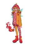  1girl clownpiece cosplay facepaint full_body hat jester_cap konoha217 lips looking_at_viewer mcdonald&#039;s multicolored_clothes polka_dot_headwear red_eyes red_footwear ronald_mcdonald ronald_mcdonald_(cosplay) simple_background solo standing striped torch touhou white_background wings 