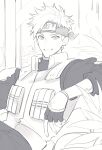  1boy facial_mark fingerless_gloves gloves greyscale headband highres indoors kiya long_sleeves looking_at_viewer male_focus monochrome naruto_(series) parted_lips plant potted_plant reclining short_hair sitting sleeves_rolled_up smile solo spiky_hair teeth upper_body uzumaki_naruto vest whisker_markings 