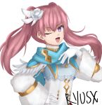  1girl absurdres blue_scarf dress fire_emblem fire_emblem:_the_blazing_blade fire_emblem_heroes flower gloves hair_flower hair_ornament highres one_eye_closed open_mouth pink_hair ryos scarf serra_(fire_emblem) twintails violet_eyes white_dress white_flower white_gloves 