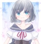  1girl bangs black_sailor_collar black_skirt blue_eyes breasts closed_mouth collarbone commentary_request earrings floral_background grey_hair hair_between_eyes high-waist_skirt highres jewelry looking_at_viewer medium_breasts neck_ribbon off_shoulder original puffy_short_sleeves puffy_sleeves red_ribbon rensei ribbon sailor_collar school_uniform serafuku shirt short_hair short_sleeves skirt smile solo white_shirt 