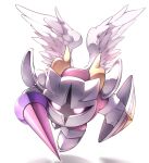  angel_wings armor baku_(baku325) boots commentary_request eyes_in_shadow feathered_wings full_body galacta_knight gloves glowing glowing_eyes highres holding holding_polearm holding_shield holding_weapon kirby_(series) lance looking_at_viewer mask no_humans polearm shadow shield shoulder_armor simple_background violet_eyes weapon white_background white_gloves white_wings wings 