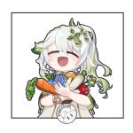  1girl :d ^_^ apple bangs bracelet carrot carrying closed_eyes commentary detached_sleeves english_commentary flower food fruit genshin_impact gradient_hair grey_hair hair_between_eyes hair_ornament jewelry long_hair looking_at_viewer masollyn multicolored_hair mushroom nahida_(genshin_impact) pointy_ears radish short_sleeves side_ponytail sidelocks simple_background smile solo white_background 
