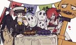  1boy 2girls a.b.a food ghost guilty_gear halloween highres key key_in_head ko_jira muffin multiple_girls paracelsus party redhead s-ko stitched_mouth stitches zappa 