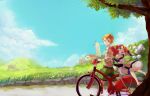  1boy 1girl bicycle blonde_hair blue_sky clain_(fractale) day dress flower fractale grass green_shorts ground_vehicle hair_flower hair_ornament hill moyuvvx nessa_(fractale) outdoors redhead rock sandals scenery short_hair shorts sky tree twintails walking windmill 
