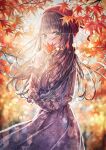  1girl absurdres autumn_leaves bangs blurry blurry_background blush brown_hair commentary covering_mouth cowboy_shot dress frilled_sleeves frills glowing green_eyes highres holding holding_leaf leaf leaf_print light_particles long_hair long_sleeves looking_at_viewer original outdoors print_dress purple_dress red_headwear sakura_(39ra) solo standing sunlight symbol-only_commentary 