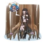  1girl 1other bare_shoulders black_hair blue_hair dizzy_(guilty_gear) flower guilty_gear guilty_gear_x guilty_gear_xx happy highres letter long_hair reading red_eyes ribbon sangorou testament_(guilty_gear) tree water yellow_ribbon 