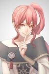  1girl anna_(fire_emblem) bangs bare_shoulders closed_mouth collarbone commentary fire_emblem fire_emblem:_three_houses grey_background hair_between_eyes highres index_finger_raised long_hair looking_at_viewer off_shoulder pochiz0 ponytail red_eyes redhead sidelocks simple_background smile solo twitter_username very_long_hair 