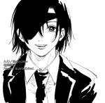  1girl ajo_cnsw bangs black_hair black_jacket black_necktie chainsaw_man collared_shirt eyepatch formal greyscale himeno_(chainsaw_man) jacket looking_at_viewer monochrome necktie shirt short_hair simple_background smile solo suit twitter_username white_background white_shirt 