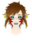  artificial_eye artificial_eyes bioluminescence blue_eyes brown_hair fish_boy glowing glowing_eyes head_fins highres kitlynx long_hair male_focus mechanical_eye non-web_source open_mouth original pale_skin red_scales sharp_teeth teeth upper_teeth 