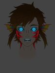  artificial_eye artificial_eyes bioluminescence blue_eyes brown_hair fish_boy glowing glowing_eyes head_fins highres kitlynx long_hair male_focus mechanical_eye non-web_source open_mouth original red_scales sharp_teeth teeth upper_teeth 