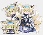  1girl :&gt; animal_ear_fluff animal_ears arknights blonde_hair blue_hairband chibi commentary cropped_legs cropped_torso dress earpiece fox_ears fox_girl fox_tail frown green_eyes grey_background hair_rings hairband highres kyuubi leaning_forward looking_at_viewer multiple_tails multiple_views nervous odmised simple_background single_wrist_cuff smile suzuran_(arknights) symbol-only_commentary tail white_dress white_wrist_cuffs wrist_cuffs 