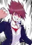  1boy bangs blue_jacket clenched_hand clenched_teeth collarbone danganronpa_(series) danganronpa_v3:_killing_harmony fangs grin hand_up highres jacket long_sleeves male_focus medium_hair momota_kaito open_clothes open_jacket pink_eyes pink_hair red_shirt shirt smile solo spiky_hair teeth ttegi_(ddeck_dg) upper_body white_background white_shirt 