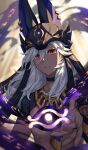  1boy animal_hat bangs black_choker black_headwear blurry blurry_background choker cyno_(genshin_impact) dark-skinned_male dark_skin dated egyptian_clothes eye_of_horus genshin_impact gold_trim hair_between_eyes hat highres long_hair looking_at_viewer male_focus open_hand parted_lips red_eyes short_sleeves signature solo tuanzimiao1 upper_body white_hair 