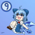  :d ball blue_background blue_eyes blue_hair brown_footwear chibi chutte23 cirno dress highres ice ice_wings red_ribbon ribbon shirt simple_background smile touhou watermark white_shirt wings 